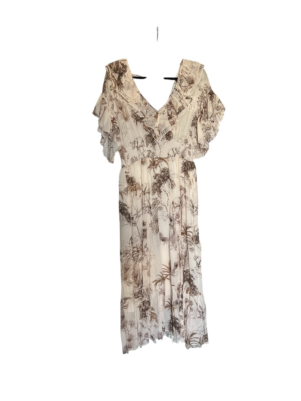 SANDRO Natural Marro Ruffled Printed Gauze Midi Dress - Picture 3 of 12